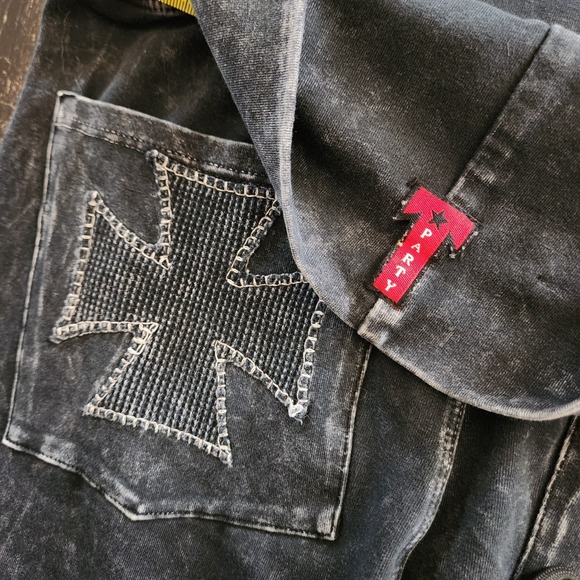 T Party Black Mineral‎ Wash Flare Yoga Pants Fold Over Waist Womens L Cross Back - Picture 6 of 14